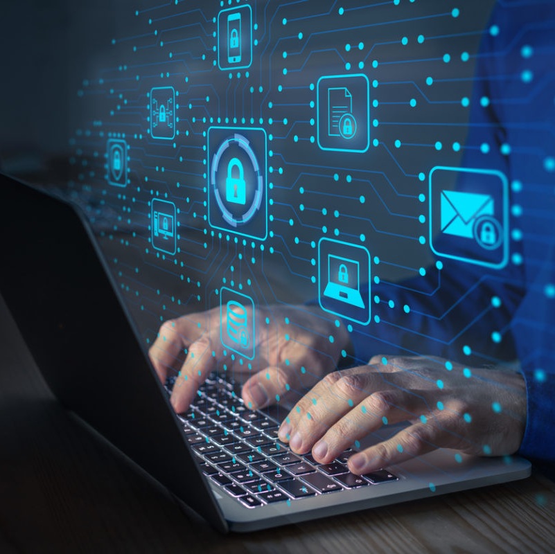 Cyber security IT engineer working on protecting network against cyberattack from hackers on internet. Secure access for online privacy and personal data protection. Hands typing on keyboard and PCB